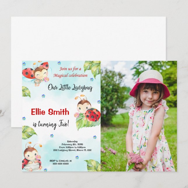 Convite de Fotografia de Ladybug de Cor da Água (Frente/Verso)