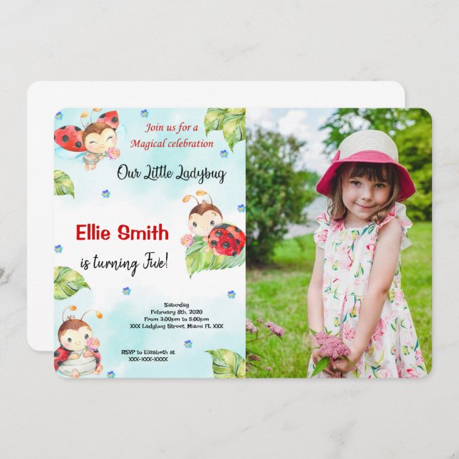 Convite de Fotografia de Ladybug de Cor da Água (Frente/Verso)