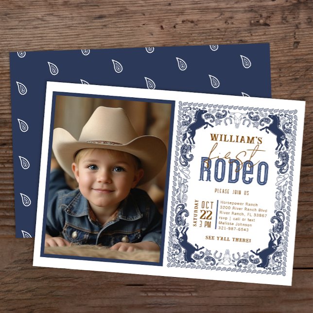 Convite de Fotografia do Primeiro Rodeio Azul - Oe (Navy Blue Birthday Invite)