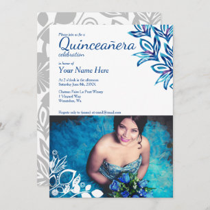 Convite de Fotografia Floral de Quinceañera Azul e