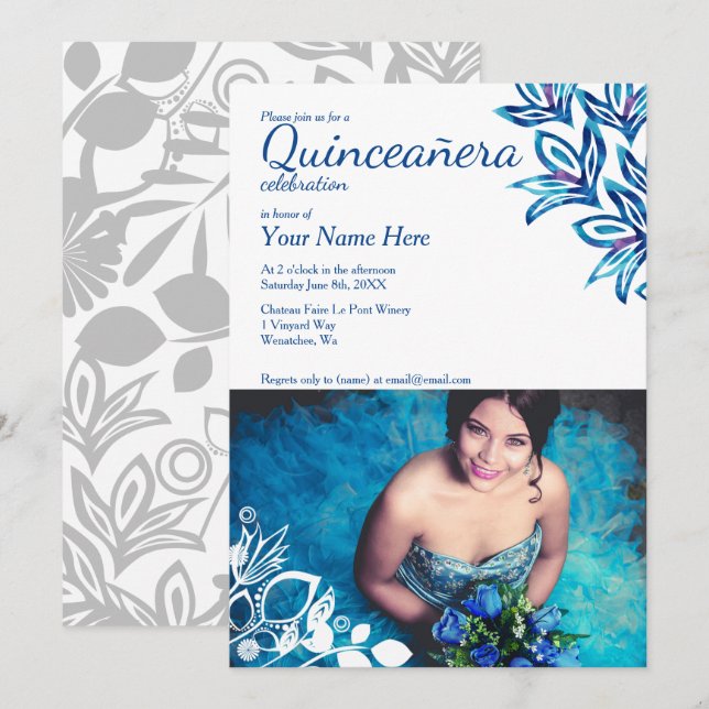 Convite de Fotografia Floral de Quinceañera Azul e (Frente/Verso)