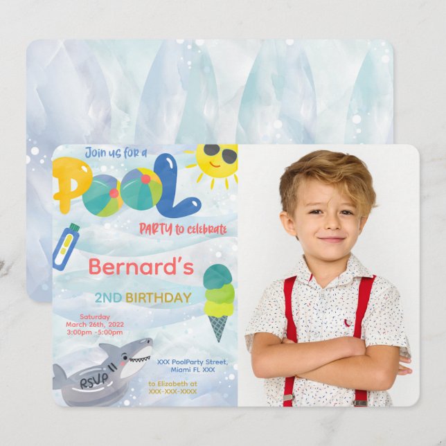 Convite de Fotografia Piscina para Meninos (Frente/Verso)