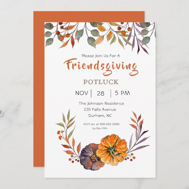 Convite de Friendsgiving com folhas de outono e ab (Frente/Verso)