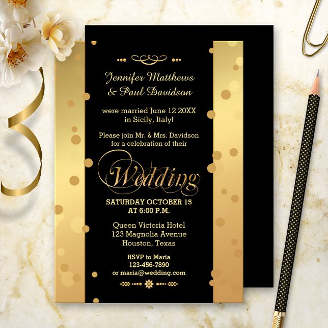 Convite de fuga para confetes ou festa pós-casamen (Post wedding reception invitation in gold and black with festive confetti sparkles)