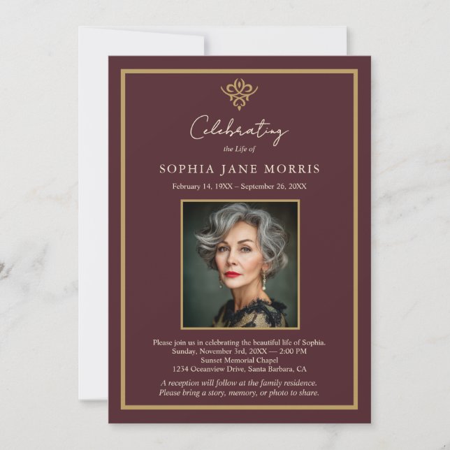 Convite de Funeral Burgundy Old Money Personalizad (Frente)