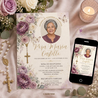 Convite de Funeral Católico com Foto Floral Roxo A