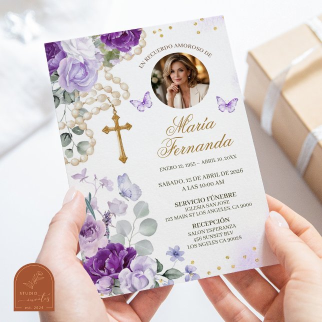 Convite de Funeral Católico com Rosário Floral Rox (Criador carregado)