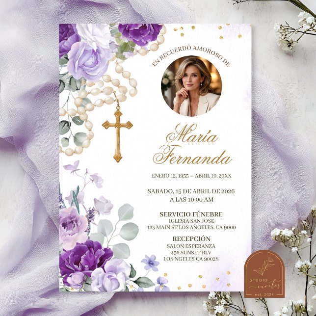 Convite de Funeral Católico com Rosário Floral Rox (Criador carregado)