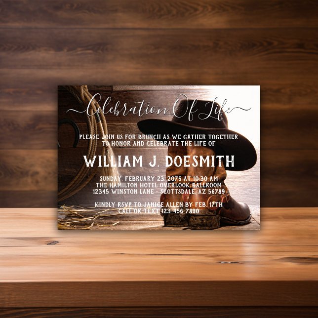 Convite de Funeral com Chapéu de Cowboy e Botas de (Cowboy memorial service and funeral announcement. Simply add your event details.)