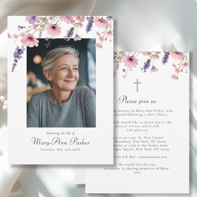Convite de Funeral com Foto "Celebração da Vida" d (Wildflower "Celebration of Life" Photo Funeral Invitation)