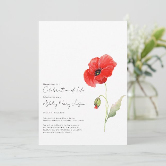 Convite de Funeral de Celebração da Vida da Poppy (Em pé/Frente)
