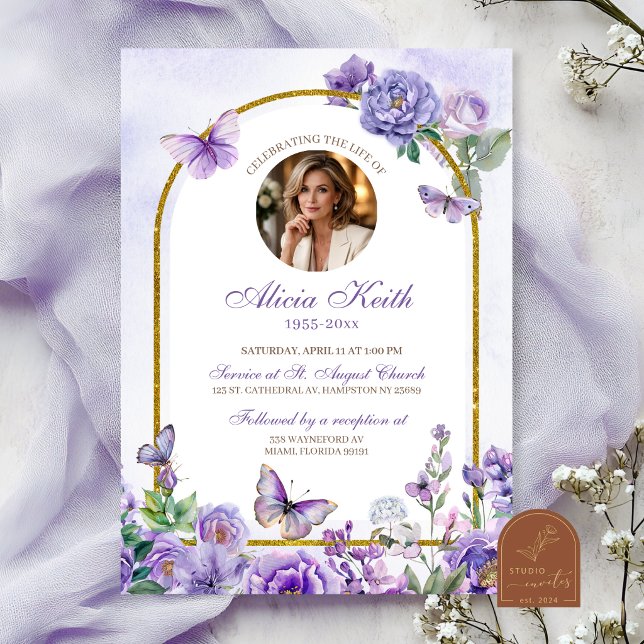 Convite de Funeral Floral Roxo Borboleta (Criador carregado)