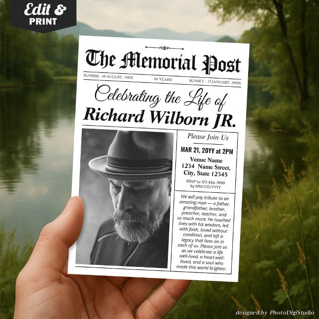 Convite de Funeral Memorial para Jornal (Memorial Invitation Funeral  Newspaper Invite Celebration of Life Invitation Card)