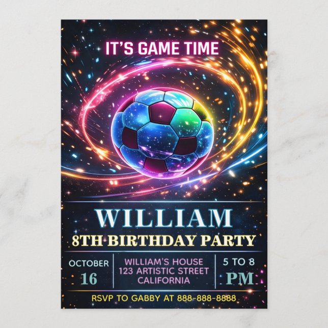 Convite de Futebol Neon para Meninos - Aniversário (Frente)