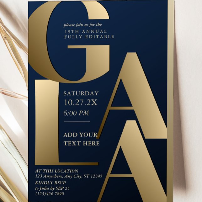 Convite de Gala Luxuoso Azul Marinho e Dourado (Luxury Navy Blue and Gold Gala Invitation Card)