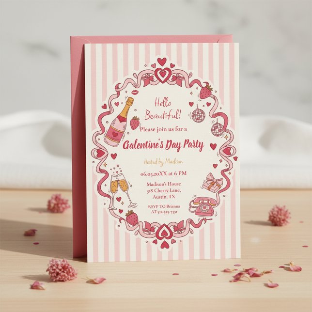 Convite de Galentine com Listras Retrô (Pink Stripe Invitation)