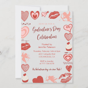 Convite de Galentine rosa e vermelho brunch coraçõ