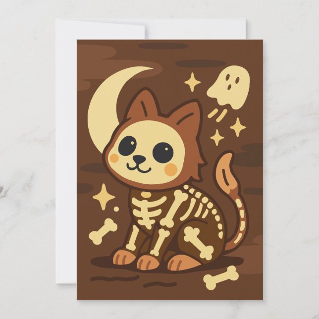 Convite de Gato Esqueleto Assustador e Fantasma (Frente)