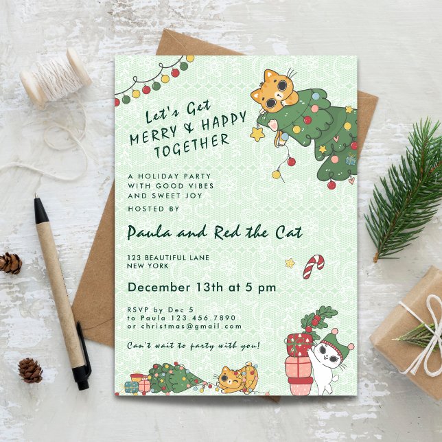 Convite de Gato Fofo e Árvore de Natal Kawaii (Kawaii Cute Cat & Christmas Tree Invitation)