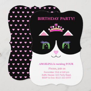 Convite de Gato Tuxedo Preto Rosa Branco Fofo Chic