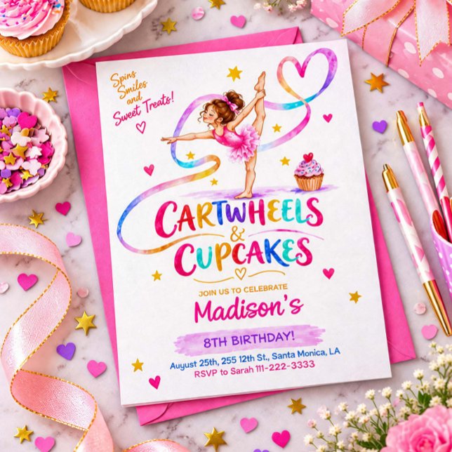 Convite de Ginástica Cartwheels & Cupcakes (Cartwheels & Cupcakes Gymnastics Birthday Invitation)