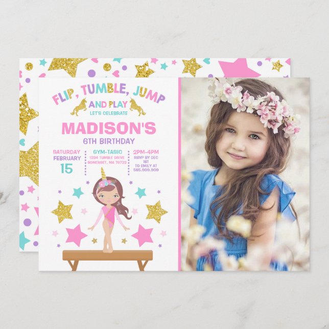 Convite de Ginástica Unicórnio Festa de Ginástica (Frente/Verso)