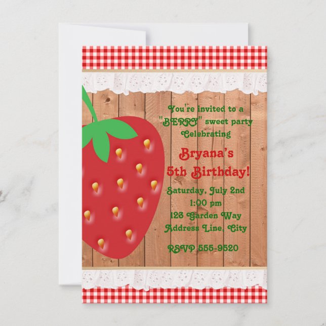 Convite de Gingham de Morango com Folhos Campestre (Frente)