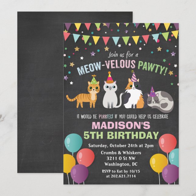 Convite de Giz de Cera para Aniversário de Gatinho (Frente/Verso)