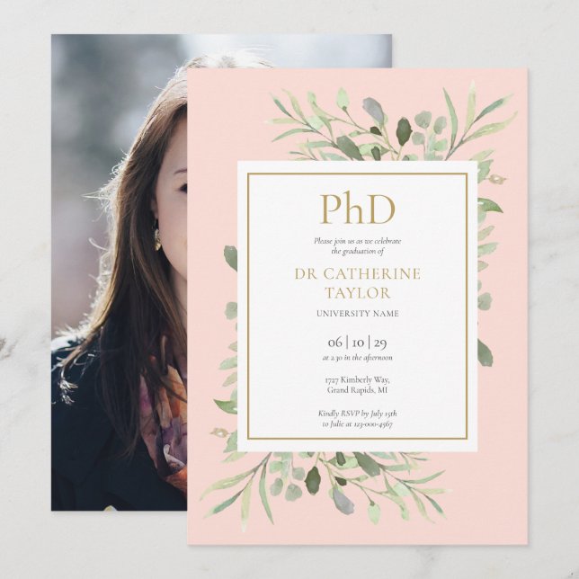 Convite de Graduação de Doutorado Rosa Bege com Fo (Frente/Verso)