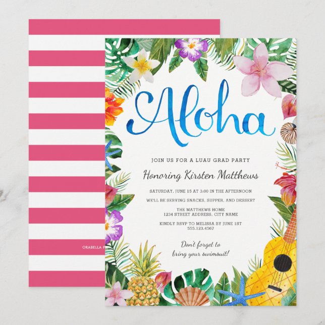 Convite de Graduação Festa Tropical de Luau em Aqu (Frente/Verso)