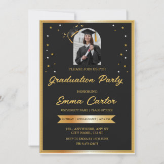 Convite de Graduação Personalizado Preto e Dourado
