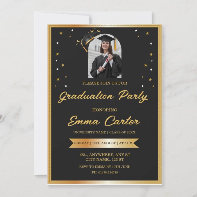 Convite de Graduação Personalizado Preto e Dourado (Frente)
