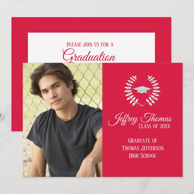 Convite de Graduação Tampa Vermelha e Folhas 13" x (Frente/Verso)