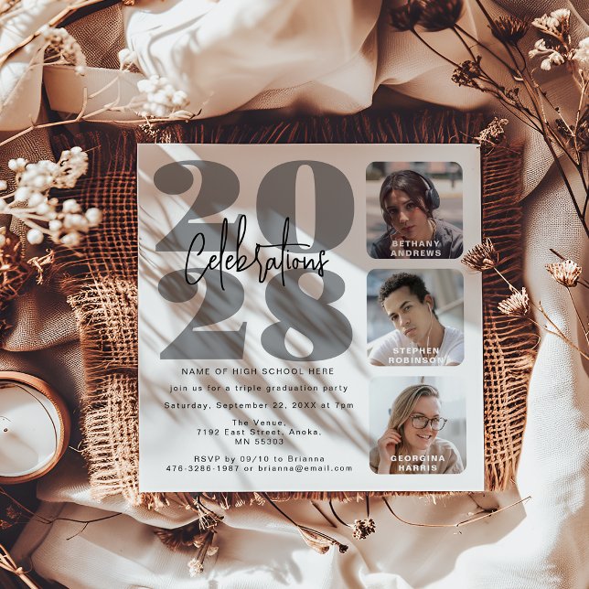 Convite de Graduação Tripla Foto Cinza (Criador carregado)