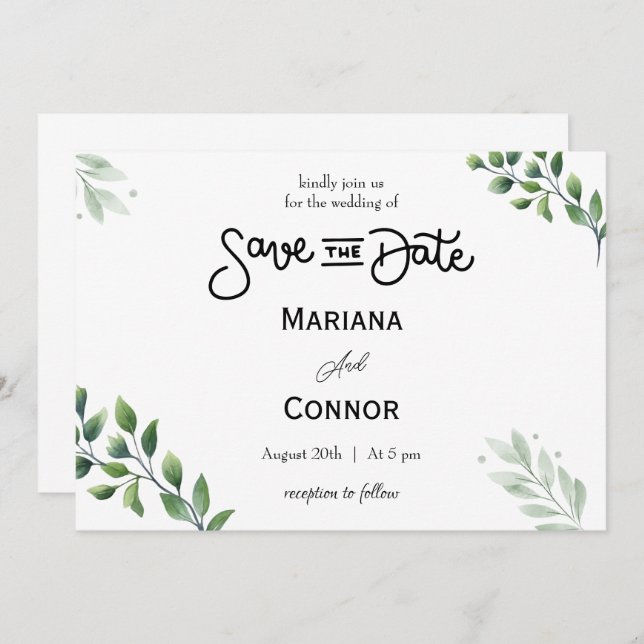 Convite de Greenery Minimalista para Salvar a Data (Frente/Verso)