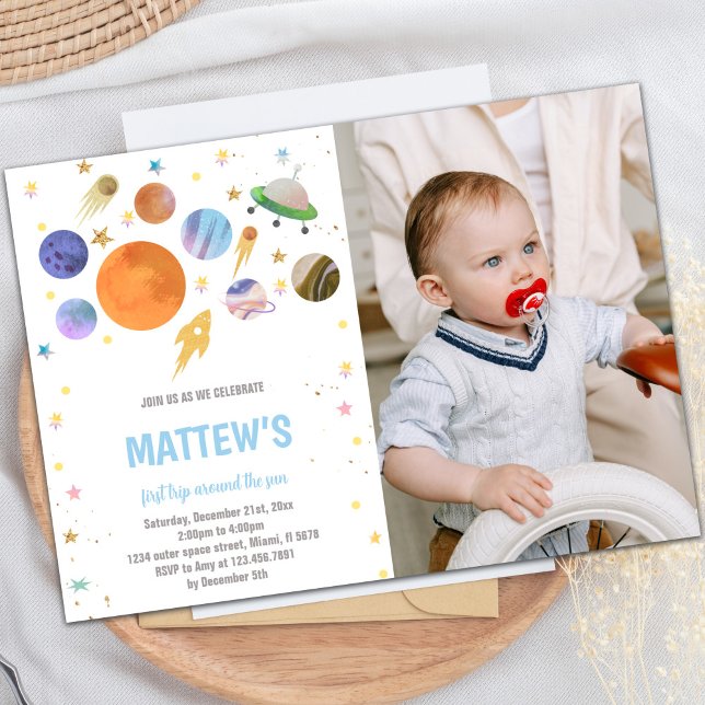 Convite de Grupo de Espaço Exterior Personalizado (Planets Galaxy Birthday Invitations with photo)