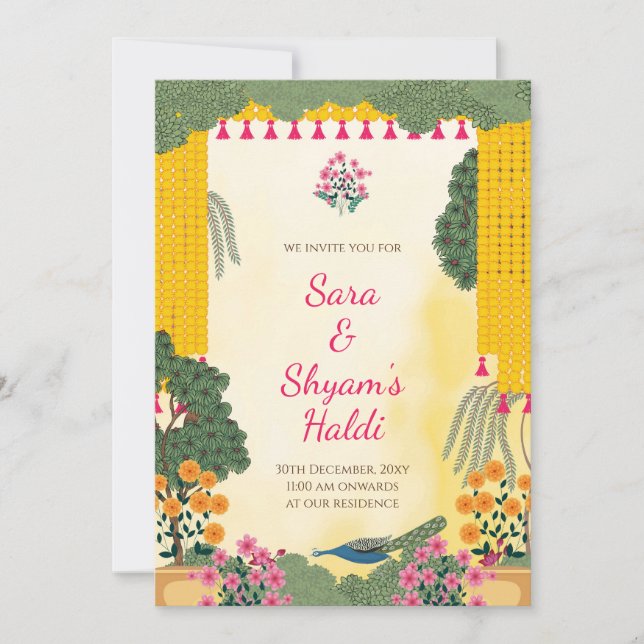 Convite de Haldi | Jardim Floral de Marigold com P (Frente)
