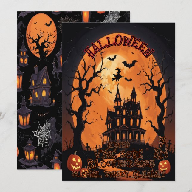 Convite de Halloween assustador com mansão assombr (Frente/Verso)