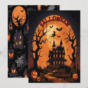 Convite de Halloween assustador com mansão assombr
