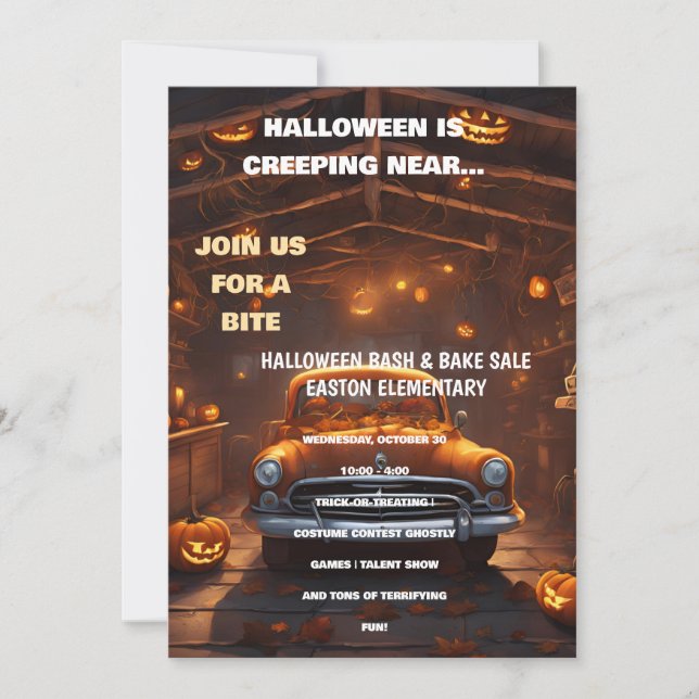 Convite de Halloween Bash com Carro Laranja (Frente)
