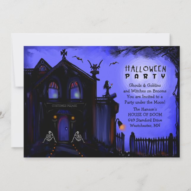 Convite de Halloween - Casa Assombrada e Esqueleto (Frente)