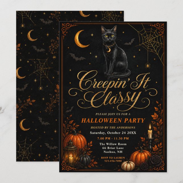 Convite de Halloween com Classe e Arrepio (Frente/Verso)