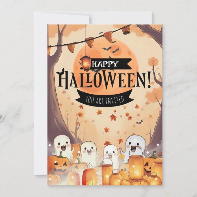Convite de Halloween com Fantasmas Fofos e Pomar d (Frente)