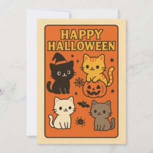 Convite de Halloween com Gatos Retro Kawaii