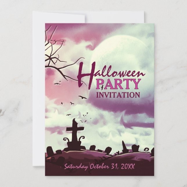Convite de Halloween Cor-de-Rosa para Cemitério so (Frente)