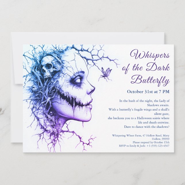 Convite de Halloween Dark Lady – Borboleta & Cavei (Frente)
