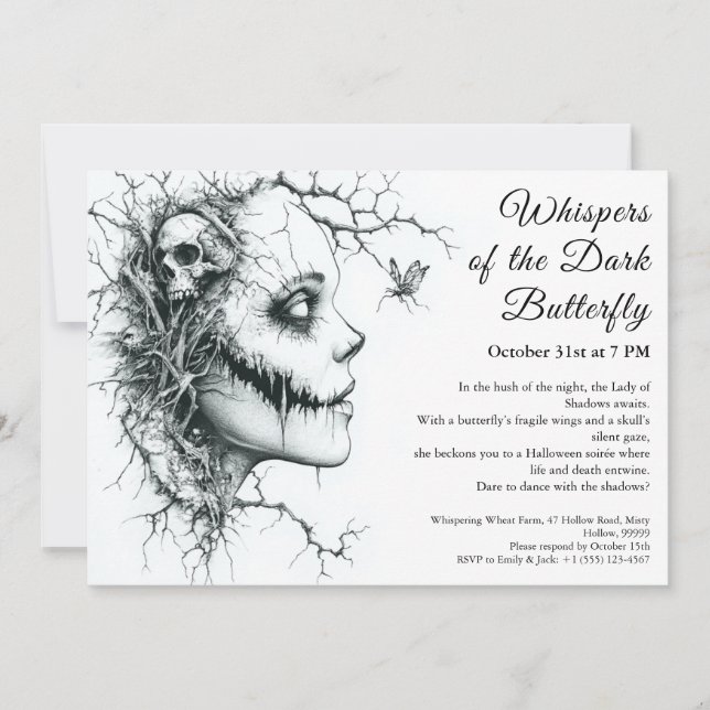 Convite de Halloween Dark Lady – Borboleta & Cavei (Frente)