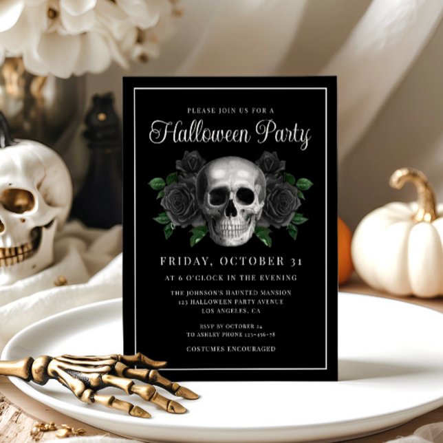 Convite de Halloween de Caveira Floral Gótica Pret (Black Gothic Floral Skull Halloween Invitation)