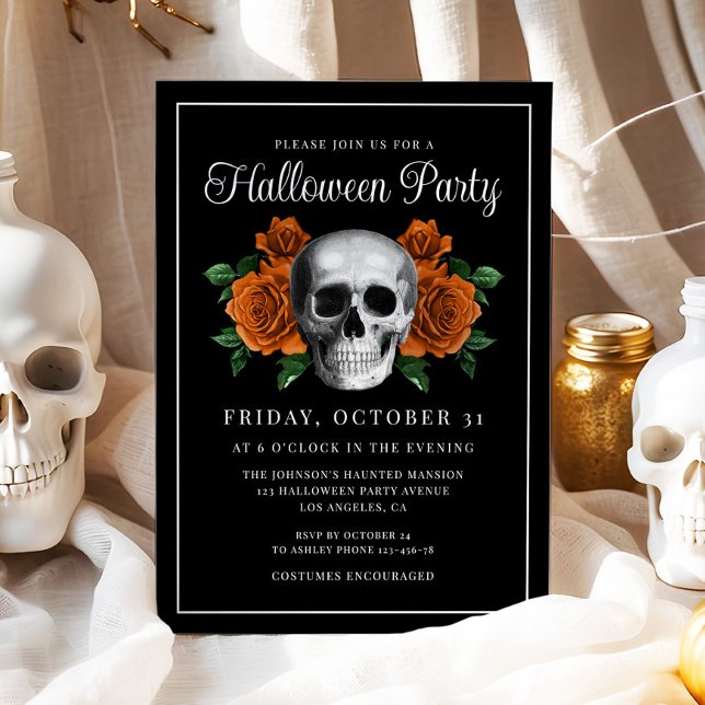 Convite de Halloween de Caveira Floral Gótica Pret (Black Gothic Floral Skull Halloween Invitation)
