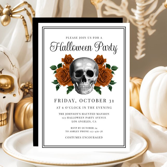 Convite de Halloween de Crânio Floral Gótico Elega (Elegant Gothic Floral Skull Halloween Invitation)